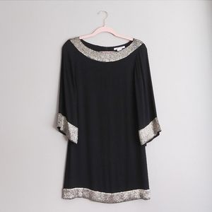 Alice + Olivia Black Long Sleeve Beaded Sequin Shift Cocktail Dress